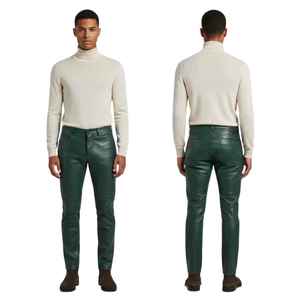 Olive Green PU Coated Straight Fit Casual Trousers Mid Waist Full Length With Pockets For Adults Autumn Wear - Product Image 1