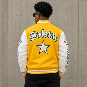 แจ็คเก็ตวาร์ซิตี้สีเหลืองขาวแบบกำหนดเองสำหรับผู้ชาย แจ็คเก็ตเบสบอลแบบ Letterman เสื้อแจ็คเก็ตบอมเบอร์สตรีทแวร์ ผู้ผลิตขายส่ง - Product Image 2