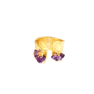 Modern Design Natural Amethyst Gemstone Fancy Shape 22KGold Plated Wave Texture Band <b>Adjustable</b> <b>Ring</b> Jewelry For Women Wholesale - Product Image 2