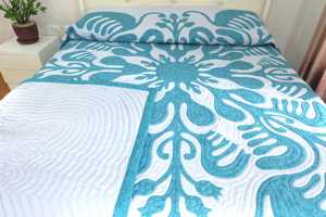 Personalized Blue Hawaiian Cotton Quilt Bedspread Hand Appliqued Hand Quilted Custom Heirloom Bedding For <b>Queen</b> And King <b>Beds</b> - Product Image 2