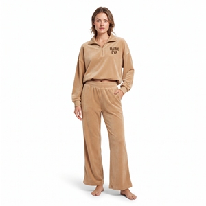 Ensemble deux pièces en velours pour femme : haut court zippé et pantalon de jogging ample à jambes larges, coupe décontractée, toutes saisons, couleur unie - Product Image 1