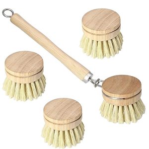 Wooden Dish <b>Brush</b> Set 4 Natural Bristle Replacement Heads with 1 Sturdy Wooden Handle Sisal Kitchen <b>Scrub</b> <b>Brush</b> for Pots Pans - Product Image 1