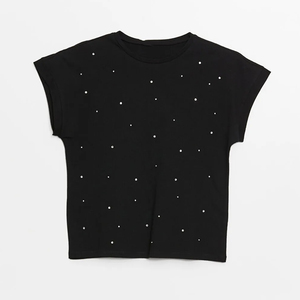 Camiseta de algodón sexy para mujer con diamantes, manga corta, ajuste ceñido, ropa deportiva, decoración de pedrería, tallas XXS, XS, XL disponibles - Product Image 3