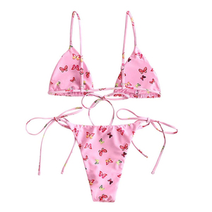 Pink Butterfly Print <b>Bikini</b> <b>Set</b> Women's Two Piece <b>Triangle</b> Top Tie Side Bottom Swimwear Stretch Fabric Fashion Beachwear - Product Image 2