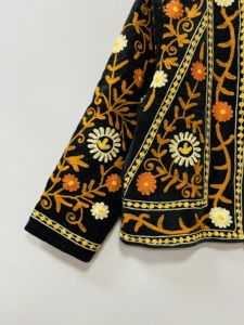 Suzani Fabric Velvet Bomber Jacket Floral Pattern Stand Collar Open <b>Stitch</b> Closure Handmade Embroidery Cotton Lining Party Wear - Product Image 5