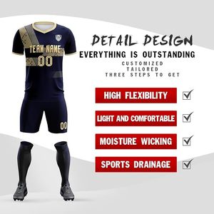 Uniforme de Fútbol Personalizable para Hombre, Color Azul Marino y Dorado, Impresión por Transferencia de Calor, Cuello en V, Manga Corta, Resistente al Viento, Secado Rápido, Poliéster - Product Image 3