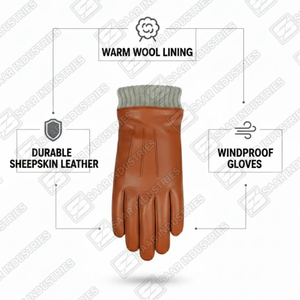 Gants d'hiver en cuir marron pour hommes avec doublure en laine, gants chauds coupe-vent en peau de mouton avec poignets côtelés - Product Image 3