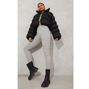 Women's Black Quilted Puffer Jacket Full Sleeve Stand Collar Zipper Closure <b>Thick</b> <b>Winter</b> <b>Coat</b> Solid Color Short Length - Product Image 1