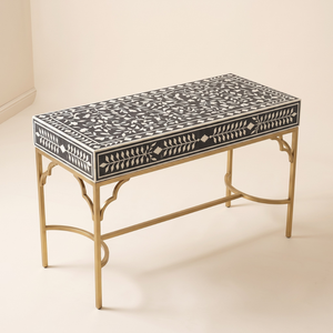 Table console moderne de luxe en os incrusté avec rangement pour salon, salle à manger, design floral, pieds en laiton, décoration intérieure - Product Image 2