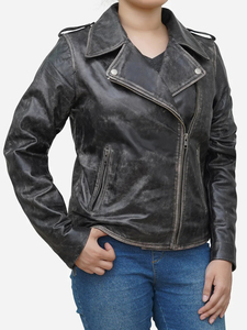 Chaqueta de Motociclista para Mujer, de Cuero Genuino Negro Envejecido, Impermeable y Transpirable, Estilo Vintage, Talla Grande, para Primavera - Product Image 3