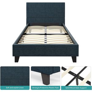 Blue Linen Upholstered Twin <b>Platform</b> <b>Bed</b> with Fabric Headboard Soft Mattress Foundation on Wood Slats Metal <b>Frame</b> - Product Image 5
