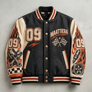<b>Men</b> Black Letterman <b>Jacket</b> <b>Cream</b> Leather Sleeves Racing Car Graphic Embroidered Design Snap Front Ribbed Streetwear - Product Image 4