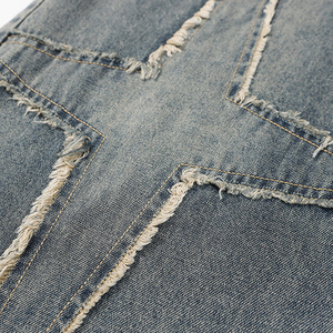 Jean ample streetwear en denim avec patchs, bords effilochés, délavage vintage, coupe large, patchwork, style Harajuku - Product Image 4