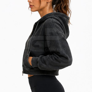 Ladies Boxy Cropped Zipper Hoodies Long Sleeve Hooded <b>Tops</b> Soft Cotton Fleece <b>Zip</b> <b>Front</b> Relaxed Fit Casual Street Style - Product Image 3