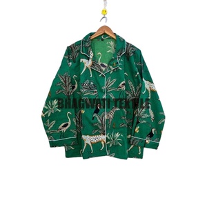 Women's Ultra-Soft Green Night Dress Cotton Pajama Set with Floral Animal Print <b>Thermal</b> Cotton <b>Pants</b> and Shirt - Product Image 1