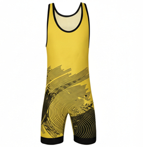 <b>Men's</b> Yellow <b>Wrestling</b> <b>Singlet</b> with Black Abstract Print Fitted Spandex Polyester Moisture Wicking 220gsm Durable Breathable - Product Image 4