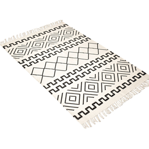 Tapis d'intérieur en laine tissé à la main, motif grec géométrique, tissage plat, noir ivoire, à poils ras, franges bohèmes, pour décoration de salon - Product Image 1