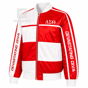 Chaqueta cortavientos personalizada de la hermandad Delta Sigma Theta con logo bordado en rojo y blanco, estilo casual para mujer con forro de poliéster. - Product Image 2