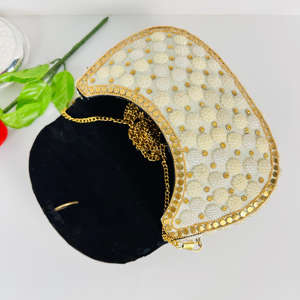 Designer Modern Handmade Antique Ethnic White Beaded Sling <b>Clutch</b> <b>Bag</b> Polished Sculpture Crossbody Purse with <b>Gold</b>-Plated Metal - Product Image 2