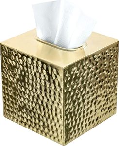 Modern Hammered Brass Tone Metal <b>Cube</b> Facial Tissue Box Cover with Open Bottom, Decorative Pebbled Texture Square - Product Image 1