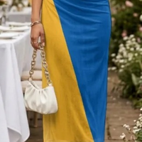 Robe de soirée en maille bleue et or Sigma Gamma Rho, tenue de sororité grecque, robe élégante à superpositions pour événements, mode haut de gamme pour occasions formelles