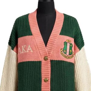 Cárdigan de Invierno para Mujer, Color Verde y Rosa, con Bloques de Color, Tejido, Bordado, con Botones al Frente, Manga Larga, Diseño Gráfico, Informal, a la Moda - Product Image 5