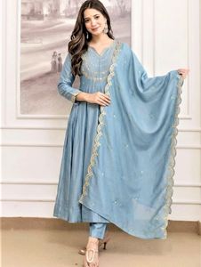 Conjunto de Kurta Anarkali Recta con Bordado Intenso para Mujer, Pantalón y Dupatta, Traje para Fiesta de Boda - Product Image 4