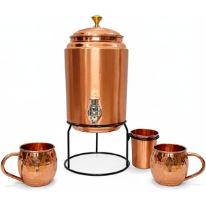 Pure Copper Water Dispenser With <b>Stand</b> And Glass Hand-Hammered Ayurvedic <b>Drinking</b> Water Storage Tank Rustproof Copper Matka Pot - Product Image 4
