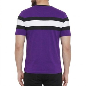 T-shirt décontracté pour homme en coton mélangé tricoté, à col rond, manches courtes, rayures color block violettes, coupe classique, pour tous les jours - Product Image 6