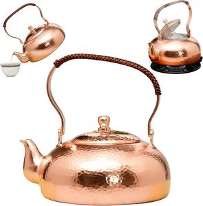 Bouilloire à eau en cuivre pur artisanale, design vintage rond avec couvercle, théière en métal - Product Image 3