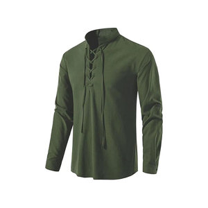 เสื้อเชิ้ตแขนยาวผู้ชายสีเขียว คอจีน แขนยาว สไตล์ลำลอง สีพื้น ผ้าทอ สำหรับฤดูใบไม้ร่วง - Product Image 1