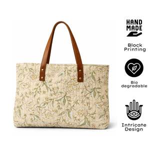 Bolsa de Mano Plegable Ecológica de Lona de Algodón con Estampado de Bloques de Jaipur, Estilo Bohemio Premium, con Asa de Cuero, Ligera y Estructurada - Product Image 3