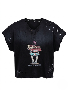Black Distressed Lace Knitted Crop T-Shirt Short Sleeve Graphic 100% Cotton Oversized Front Vintage Washed Hip Hop Streetwear - Product Image 1