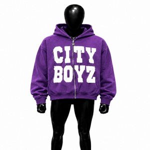 เสื้อฮู้ดซิปสีม่วง City Boyz สำหรับผู้ชาย เสื้อสเวตเชิ้ตผ้าฟลีซลำลอง ทรงปกติ พิมพ์ลายตัวอักษร สวมใส่สบายๆ ในฤดูใบไม้ร่วง ทรงหลวม - Product Image 1