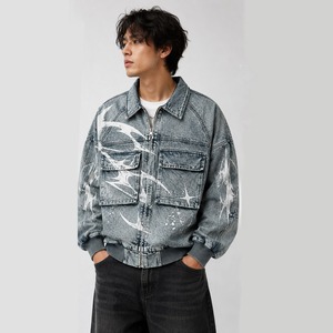 <b>Custom</b> Blue <b>Denim</b> Acid Wash <b>Jacket</b> With Abstract White Print And Chest Flap Pockets Ribbed Cuffs And Zip Closure For Unisex Wear - Product Image 5