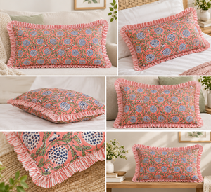RIDHI Dusty Rose Floral Ruffle Lumbar Pillow <b>Cover</b> Hand Block Print Cotton Customizable Removable <b>Washable</b> <b>Sofa</b> Bed Decor - Product Image 3