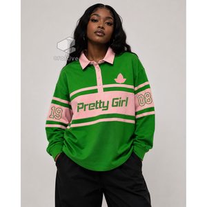 Alpha | Kapa | Alpha <b>Women's</b> Striped Pique <b>Rugby</b> Shirt Color Block Long Sleeve Polo Collar Pullover Embroidered Graphic <b>Top</b> - Product Image 5