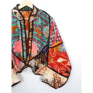 Indian Handmade Vintage Kantha Quilted <b>Jacket</b>-Eco-Friendly Breathable 100% Cotton Boho Hippie Coat Block Print <b>Mandarin</b> <b>Collar</b> - Product Image 3