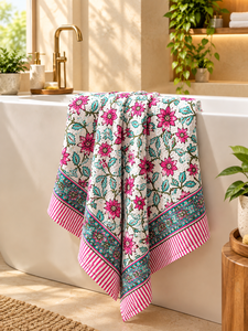 Hand Block Printed Cotton Bath Towel <b>Set</b> Floral Indian Block Print Towels Soft Absorbent <b>Bathroom</b> Towels <b>3</b>-<b>Piece</b> Towel <b>Set</b> - Product Image 4
