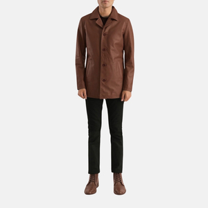 Manteau long en cuir véritable marron pour homme, col chemise, simple boutonnage - Product Image 1