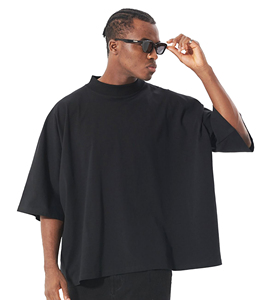 T-shirt noir oversize pour homme, col rond, coton épais, épaules tombantes, manches courtes larges, streetwear vierge, vente en gros, fournisseur OEM - Product Image 2