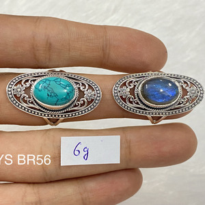 แหวนเงินแท้ 925 ทรงวงรีประดับเทอร์ควอยซ์และลาบราโดไรต์ พลอยธรรมชาติ ดีไซน์วงกว้างแบบโปร่ง แหวนทำมือ เครื่องประดับสำหรับทุกเพศ - Product Image 1