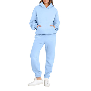 Ensemble de survêtement pour femme bleu clair, sweat à capuche et pantalon de jogging, coupe décontractée, manches longues, couleur unie, en coton respirant, idéal pour l'automne - Product Image 1