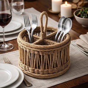 Portautensilios multifunción de bambú tejido con asa, organizador de vajilla para encimera de cocina o mesa de comedor. - Product Image 1