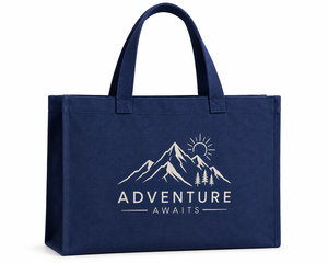 Sac fourre-tout en toile « L'aventure vous attend » grand format bleu marine avec motif montagne, sac de shopping pour usage quotidien avec poignée de transport - Product Image 1