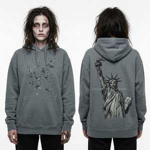 Sudadera con Capucha Gris Personalizada con Gráfico de Estatua de la Libertad Zombi, Estampado Artístico con Efecto Salpicado, Estilo Urbano Desgastado - Product Image 1