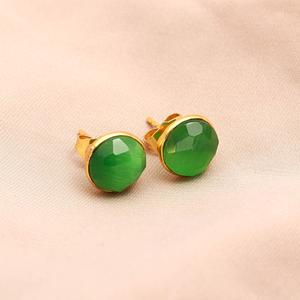 Handmade <b>Green</b> Monalisa Round Quartz Gemstone Stud <b>Earrings</b> Vermeil Gold Stud <b>Earring</b> For Women - Product Image 3