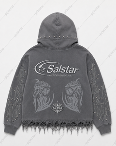 Sweat-shirt à capuche gris vieilli personnalisé avec strass pour homme, style streetwear, logo personnalisé, impression graphique et manches ornées - Product Image 2