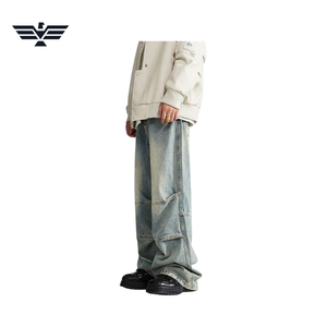 Jeans de Mezclilla para Hombre, Corte Holgado, Pierna Recta, Lavado a la Piedra, Peso Medio, Color Sólido, Estilo Urbano, Casual, Hip Hop, 100% Algodón, Lavable - Product Image 2