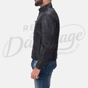 Chaqueta de cuero negra para hombre, estilo racer, piel de oveja auténtica de primera calidad, corte ajustado, cuello alto, con cremallera, informal, a la moda, para motocicleta. - Product Image 6